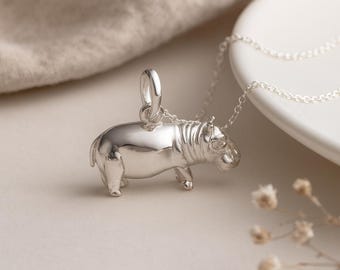 Hippo Pendant • Solid Sterling Silver Charm • Personalised Safari Animal Necklace • Wildlife Jewellery Gift for Her
