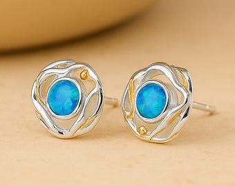 Molten Sterling Silver Blue Opal Stud Earrings