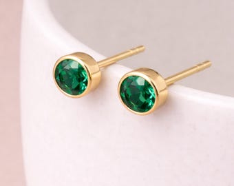 Gold Plated Sterling Silver May Emerald Birthstone Stud Earrings – 7mm