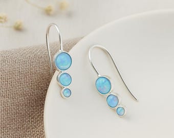 Blue Opal Trio Earrings • Sterling Silver Drop Earrings • October Birthstone Gift • Dainty Opal Jewellery • Minimalist Gift for Her •
