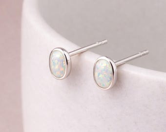 Oval Sterling Silver White Opal Stud Earrings – 6mm X 4mm