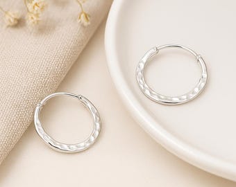 Hammered Hoop Earrings • 12mm Sterling Silver Sleepers • Textured Small Hoops • Everyday Silver Earrings •
