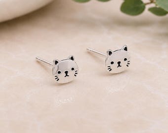 Sterling Silver Cat Face Stud Earrings