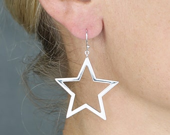 Large Sterling Silver Open Star Drop Earrings