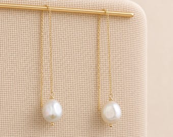 Long Gold Plated Sterling Silver Freshwater Pearl Threader Drop Earrings – 10mm