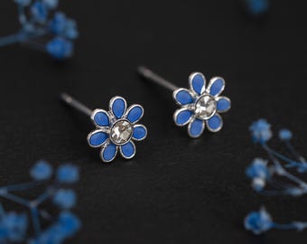Girls Sterling Silver Blue Forget Me Not Flower Stud Earrings