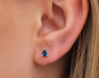 Small Sterling Silver Pear Cut Teardrop Sapphire Stud Earrings