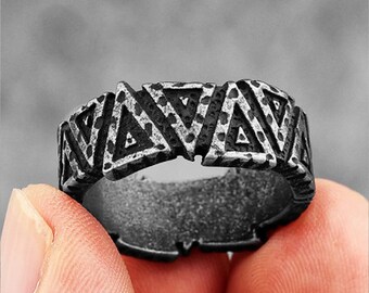 Personalised Stainless Steel Gunmetal Black Viking Valknut Ring