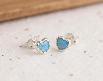 Opal Heart Stud Earrings in Molten Sterling Silver