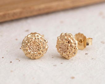Personalised October Marigold Birth Flower Stud Earrings in Gold-Plated Sterling Silver