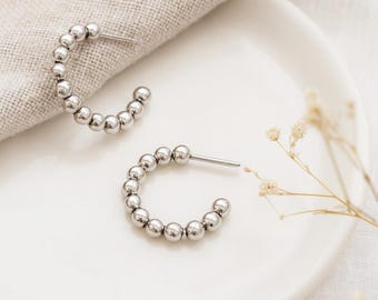 Beaded Hoop Earrings • 20mm Sterling Silver • Textured Small Hoops • Everyday Silver Earrings •