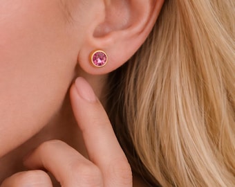 Gold Plated Sterling Silver October Pink Tourmaline Birthstone Stud Earrings – 7mm