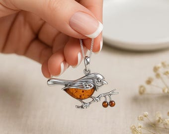 Personalised Sterling Silver Baltic Amber Robin Pendant Necklace