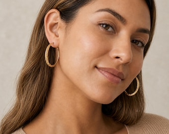 Large Hammered Hoop Earrings with Gold Plating