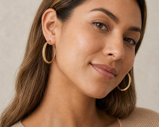 Featured listing image: Large Hammered Hoop Earrings with Gold Plating