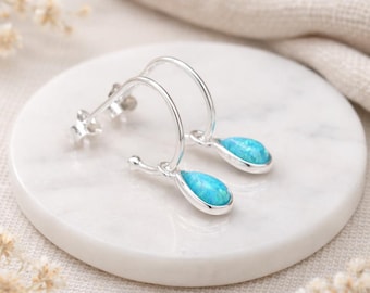 Sterling Silver Blue Opal Half Hoop Stud Earrings – 20mm