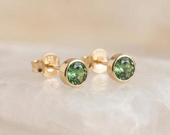 August Peridot Birthstone Stud Earrings in Gold Plated Sterling Silver