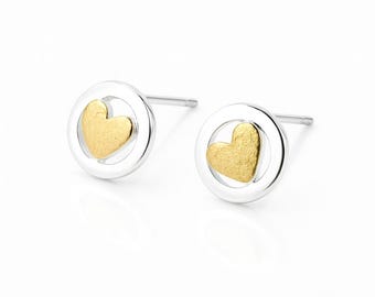 Sterling Silver And Gold Heart Stud Earrings – 8mm