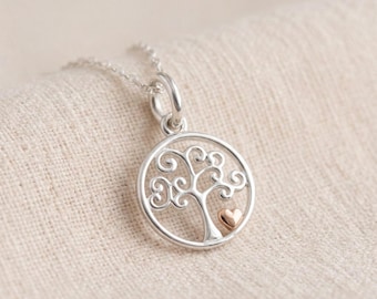 Personalised Tree Of Life Pendant Necklace in Sterling Silver and Rose Gold