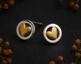 Sterling Silver Halo Stud Earrings With Golden Hearts