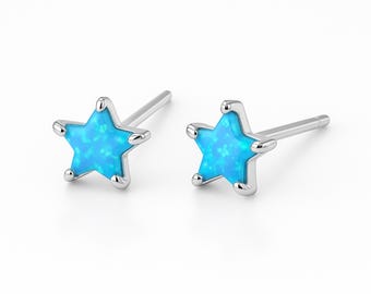 Sterling Silver Blue Opal Star Stud Earrings – 7mm