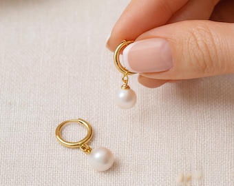 14ct Gold Plated Sterling Silver Freshwater Pearl Huggie Hoop Earrings, 10mm