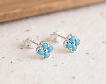 Personalised Turquoise Quatrefoil Flower Stud Earrings in Sterling Silver