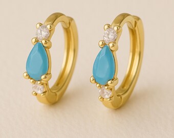 Yellow Gold Plated Sterling Silver Turquoise Huggie Hoop Earrings