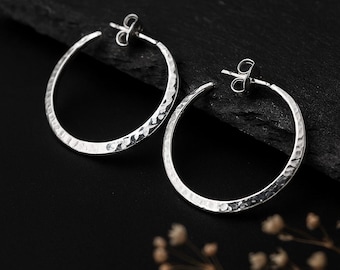 Large Sterling Silver Hammered Hoop Earrings
