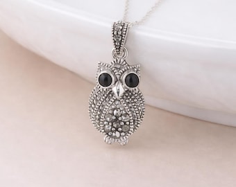 Personalised Sterling Silver Marcasite Owl Pendant Necklace