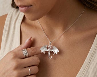 Personalised Flying Wyvern Dragon Pendant Necklace in Sterling Silver
