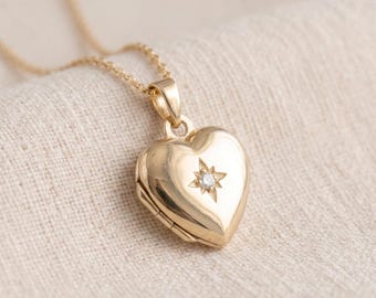 Personalised North Star Heart Photo Locket Necklace in Gold Plated Sterling Silver