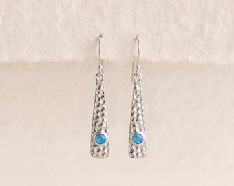 Blue Opal Bar Drop Earrings in Hammered Sterling Silver