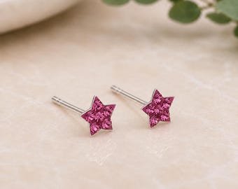 Sterling Silver Pink Crystal Star Stud Earrings
