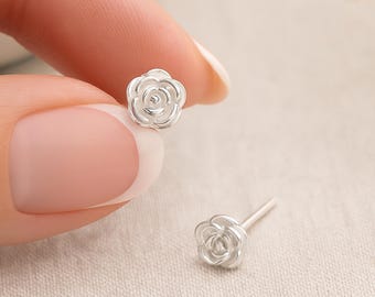 Sterling Silver Rose Stud Earrings: June Birth Flower, Satin Finish