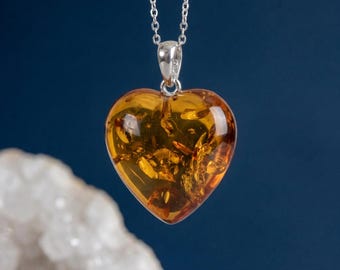 Personalised Baltic Amber Heart Pendant Necklace In Sterling Silver