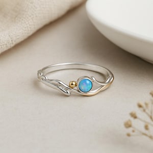 Blue Opal Sterling Silver Ring: Molten Organic Design, 14k Gold Accent
