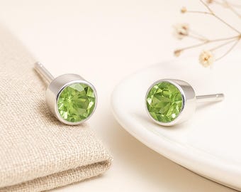 Peridot CZ Stud Earrings • Sterling Silver Green Studs • August Birthstone Gift • Minimal Earrings • Gift for Her •