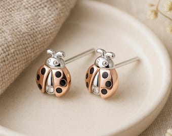 Ladybird Stud Earrings • Sterling Silver & Rose Gold • Real Diamond Detail • Cute Bug Jewellery • Dainty Gift for Girls •