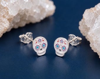 Personalised Sugar Skull Stud Earrings in Sterling Silver