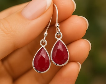 Sterling Silver Teardrop Ruby Drop Earrings