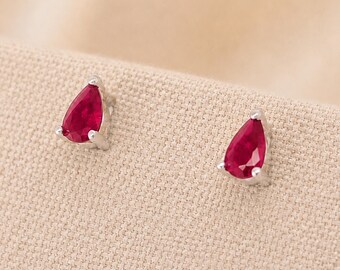Sterling Silver Pear Cut Teardrop Pink Ruby Stud Earrings