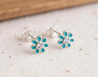 Personalised Teal Flower Stud Earrings In Sterling Silver With Cubic Zirconia