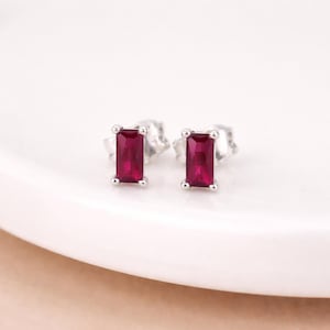 Sterling Silver Ruby Baguette Stud Earrings – 6mm x 4mm
