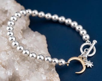 Sun And Moon T-Bar Stretch Bead Bracelet with Sterling Silver and Gold Plating