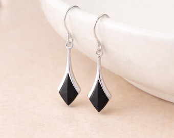 Sterling Silver Onyx Diamond Drop Earrings – 20mm X 9mm