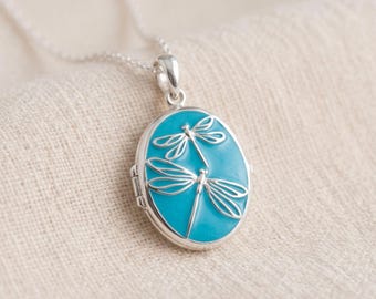 Personalised Blue Dragonfly Photo Locket Necklace in Sterling Silver
