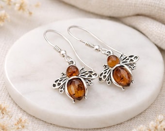 Sterling Silver Baltic Amber Bee Drop Earrings – 15mm
