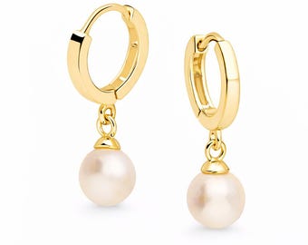 Gold Plated Sterling Silver Freshwater Pearl Huggie Hoop Earrings – 7mm Pearls