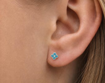 Sterling Silver Turquoise Quatrefoil Flower Stud Earrings